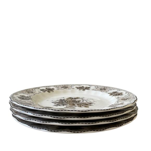 4pc Palate & Plate Victorian BROWN Rose Floral 10.5" Dinner Plates Scalloped New - Picture 7 of 15